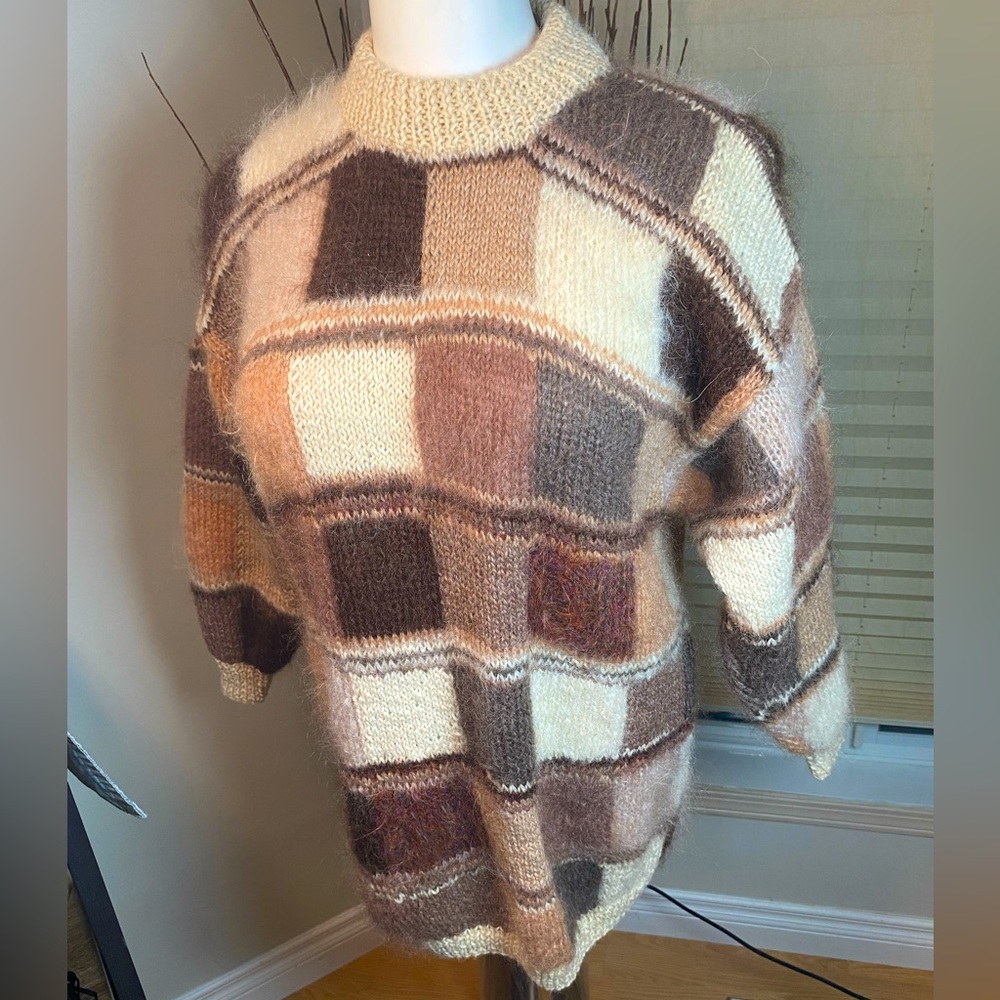 Women’s Large Mohair? Oversized Square Patterned Long Sweater Warm Colours